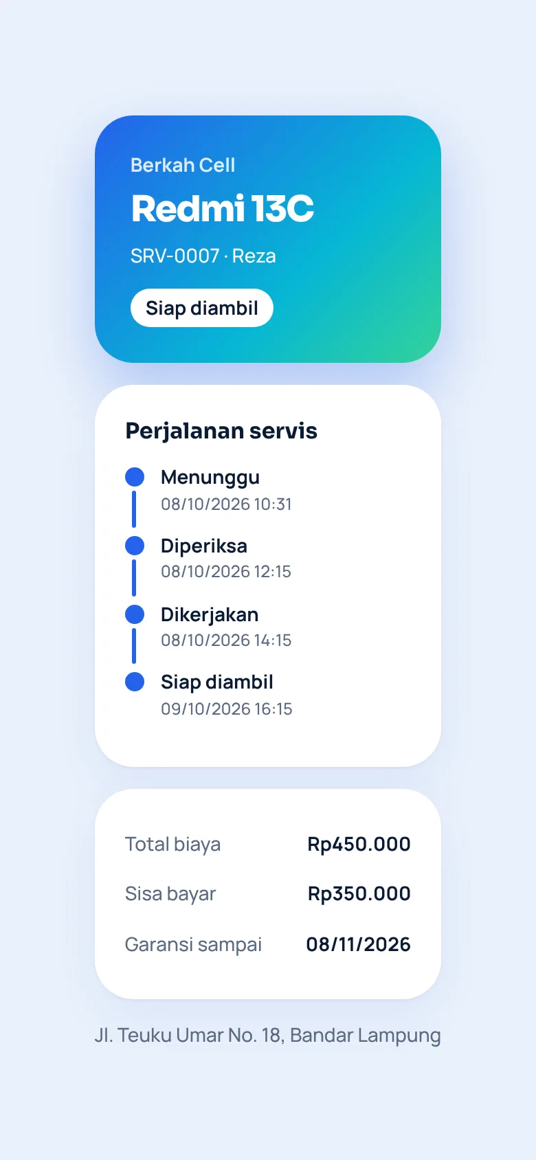 Halaman status servis yang dilihat pelanggan